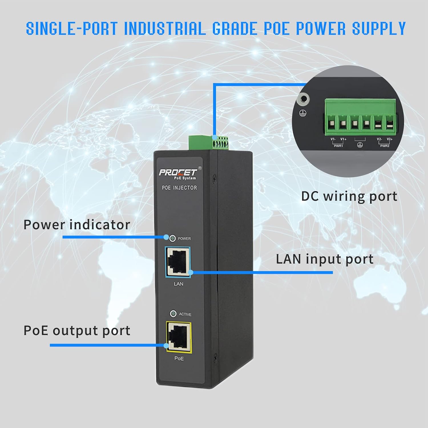PROCET PoE++ 95W PoE Injector DIN Rail PoE Power Injector with 6KV Surge Protection